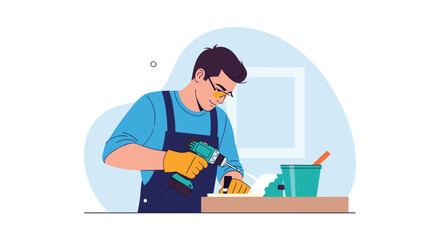 A diligent male craftsman, wearing safety gear, operates a power drill to work on wood, embodying hands-on construction and repair skills.