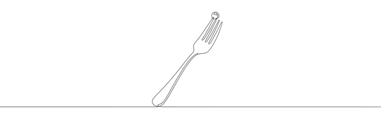 A continuous line drawing of a fork with a single olive impaled on one of its tines, presented in a minimalist style on a white background.