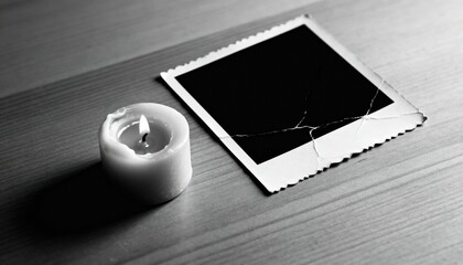 Echoes of Remembrance: A solitary candle casting a soft glow beside a faded photograph, evoking nostalgia and quiet contemplation of times past.