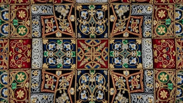 Exquisite medieval tapestry unfolds with vibrant colors and intricate gold floral patterns, showcasing historical artistry and rich textile detail for luxurious projects