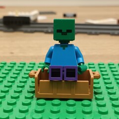 Naklejka premium LEGO Minecraft Zombie Figure Rides a Minecart on a Green Base Plate