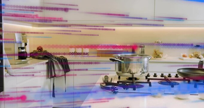 After pause streaks drifting across cooktop obscuring pot and pan showing technology glitch effect