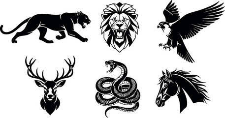 Fototapeta premium Wild animal silhouettes including lion panther eagle deer snake horse vector design for nature and wildlife themes