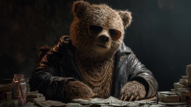 A personified bear dressed in a leather jacket with sunglasses sitting at a table