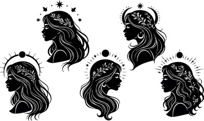 Obraz premium Silhouettes of woman with celestial crown stars moon vector black illustrations collection