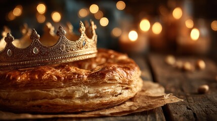 Golden Galette des Rois with Paper Crown on Rustic Wooden Table for Traditional Epiphany Celebration Morning