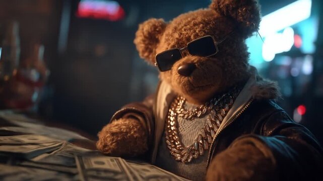 Animated teddy bear with sunglasses and gold chain leans on money in bar setting