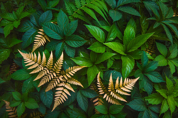 Tropical background: composition of dark green and bright gold fern leaves in the jungle.