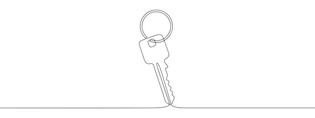 A continuous line drawing of a single key with a round keychain, symbolizing security, access, or ownership, on a clean white background.
