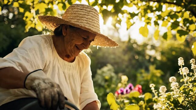 Smiling elderly woman wearing a straw hat tending to her garden on a sunny day surrounded by flowers and greenery enjoying retirement and the beauty of nature
