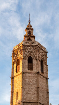 VALENCIA, SPAIN &ndash; NOVEMBER 1, 2025: The Miguelete bell tower of Valencia Cathedral at sunset, Valencian Community, Spain, Gothic architecture landmark in the historic center illuminated by Mediterrane
