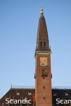 Tower of the Scandic Palace Hotel with mosaics, on City Hall Square, Copenhagen, Denmark