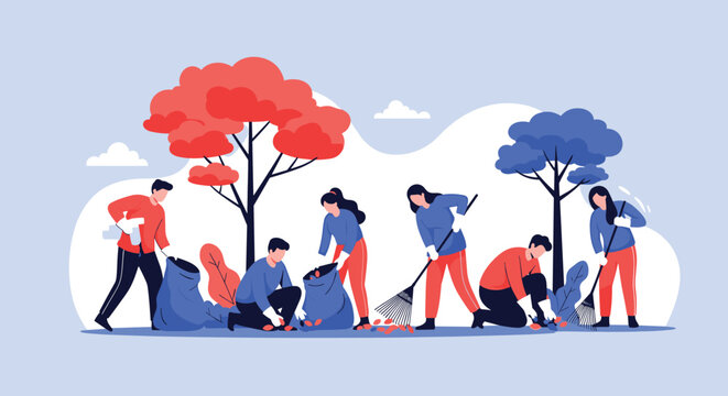 Community volunteers actively participating in an outdoor cleanup event, diligently picking up trash and raking leaves to maintain a pristine environment.