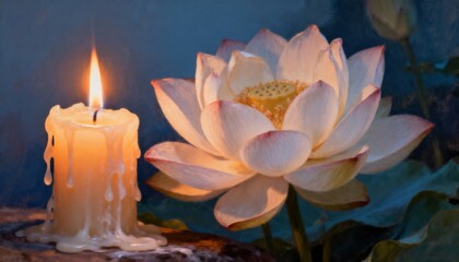 Lotus and Candle: A captivating moment unfolds as the gentle light of a candle dances beside an immaculate lotus flower, symbolizing inner peace, serenity, and mindfulness.
