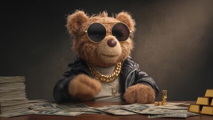 Animated bear figure in sunglasses jacket and chain with money illustrative scene