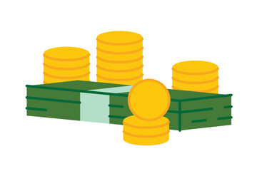 coins and banknotes money stack; concept of finance, savings, wealth, investment, and banking- vector illustration