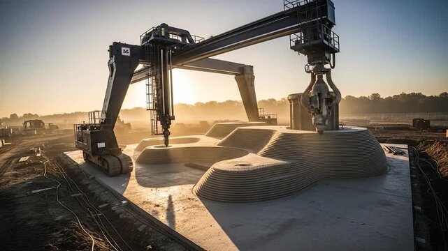 Large scale 3 d printing construction robot building structure at sunset on an outdoor site with advanced technology