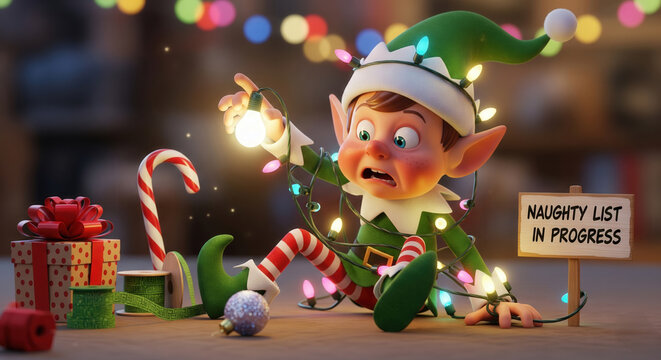 Funny Christmas Elf Tangled in Holiday Lights
