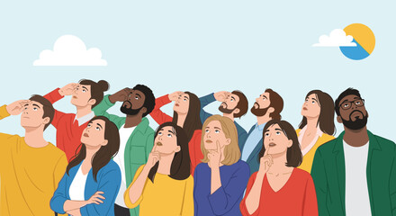 Obraz premium A diverse crowd of people gaze upwards with curiosity and contemplation, some shielding their eyes from an abstract sky.