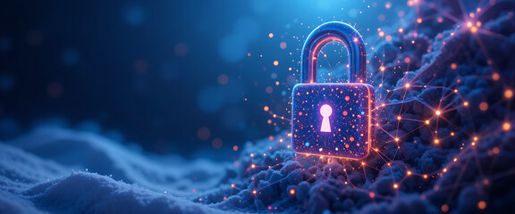 abstract illustrated vector binary style winter theme digital cyber security 3d pop up metalic neon lock with shimmer quincy bokhe glowing lights connected points, in purple blue and cyan gradient col