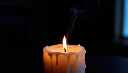 Candle Flame in Darkness: An intimate capture of a solitary candle, its warm flame dancing brightly against the deep, encompassing shadows. Witness the gentle tendrils of smoke rising.