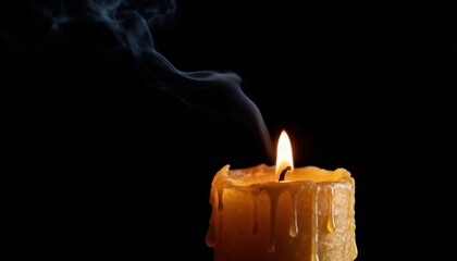 Candle's Serenade: A candle's warm flame flickers against a dark backdrop, creating a dance of light and shadow, with the lingering wisps of smoke hinting at a moment passed.