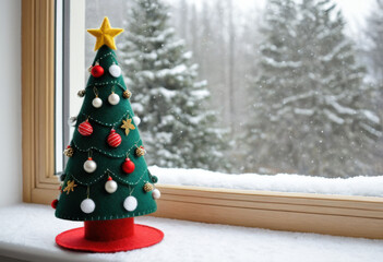 Hand-stitched felt Christmas tree with tiny ornaments, on a windowsill with snow outside