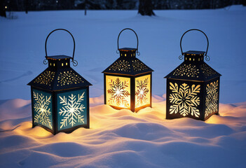 Glowing Christmas lanterns with snowflake cutouts, casting patterns on snowy ground