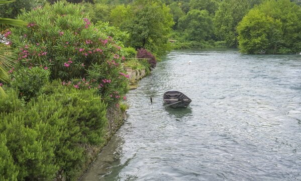 Moored rowing boat on the Mincio, Borghetto, Valeggio sul Mincio, Province of Verona, Italy