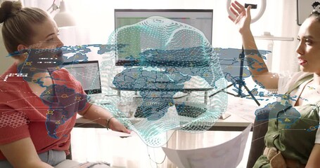 Colleague passing chart and animating 3D globe over screen while analyzing finance trends - Powered by Adobe