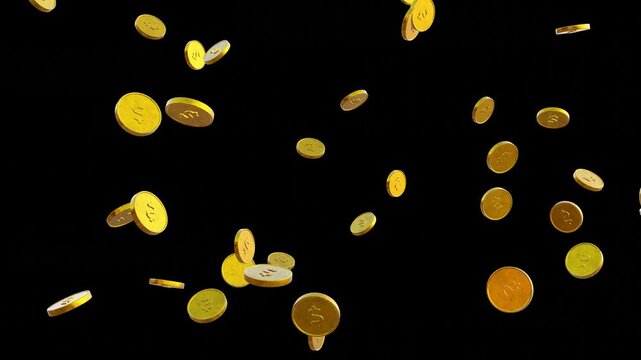 Gold coins exploding loop black background 4k. dollar sign symbol isolated on gold coins falling. 3D animation Gold coin rain slow motion video Sparkle Particles. 