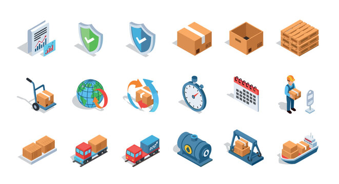 Isometric logistics icons shipping, delivery, packaging, and transport elements