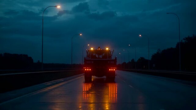 Tow truck driving away on rainy highway at dusk with flashing yellow lights wet road reflection