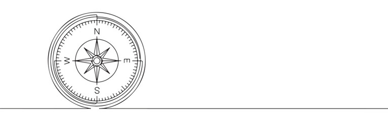 A continuous line drawing of a compass with clear North, East, South, and West cardinal points, symbolizing guidance and direction on a white background.
