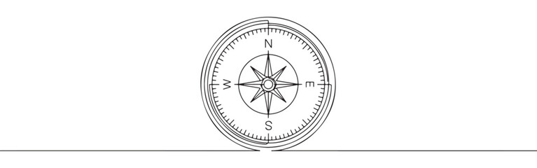 A continuous line drawing of a compass with clear North, East, South, and West cardinal points, symbolizing guidance and direction on a white background.