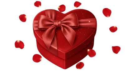 Red heart gift box with rose petals isolated on transparent background