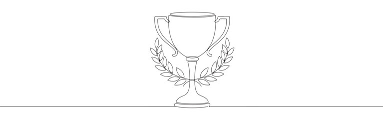 A continuous line drawing of a classic trophy cup encircled by a laurel wreath, representing victory, achievement, and success, on a white background.	