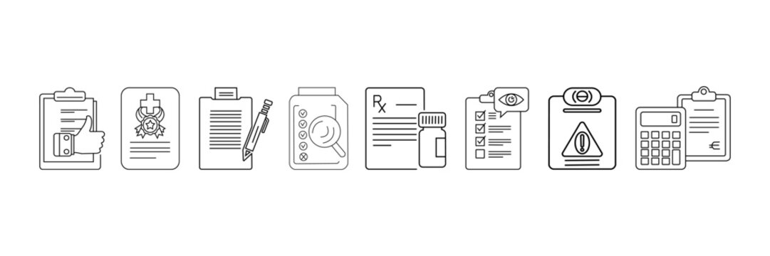Clipboard checklist icon set. Outline magnifying glass, notepen, checkmark, pencil, prescription, rx, calculator, budget, bottle, pill, eye, check, list, mark, analysis, medical assignment document co