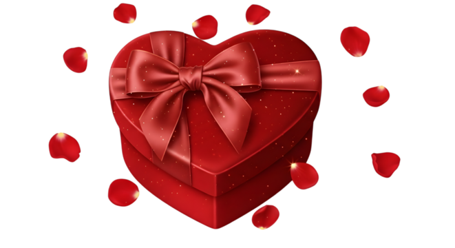 Red heart gift box with rose petals isolated on transparent background