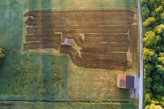 Aerial view of a meadow fertilised with liquid manure in the morning light, summer, Alpine foothills, Upper Bavaria, Bavaria, Germany