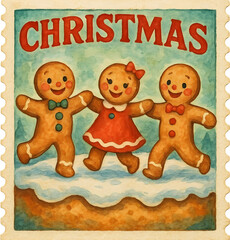 Fototapeta premium Gingerbread Stamp: Three Happy Gingerbread People Holding Hands and Dancing Together