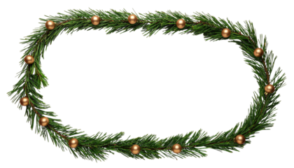 Oval frame of green pine needles decorated with small gold balls, forming a border around a white space, isolated on white