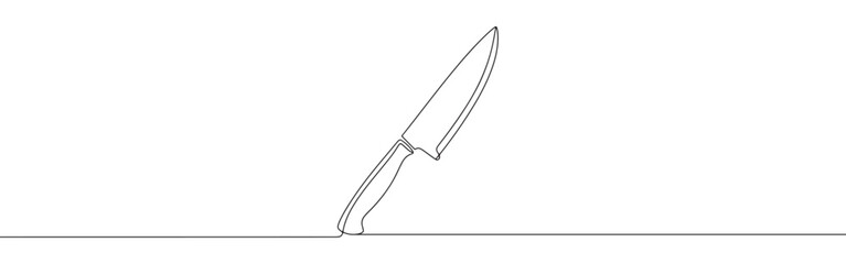 A continuous line drawing of a chef's knife or kitchen knife, depicted standing upright, showcasing a minimalist and clean aesthetic on a white background.	