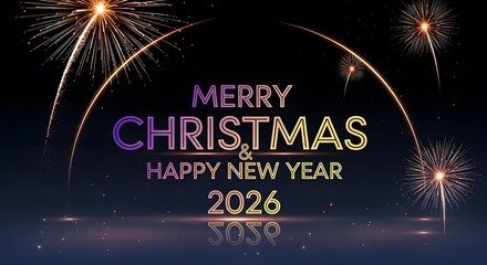 Elegant merry christmas and happy new year 2026 with fireworks display