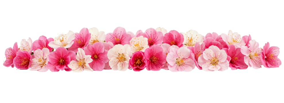 A beautiful arrangement of pink and white cherry blossoms isolated on transparent background, creating a delicate and romantic floral border perfect for springthemed designs and elegant decorations