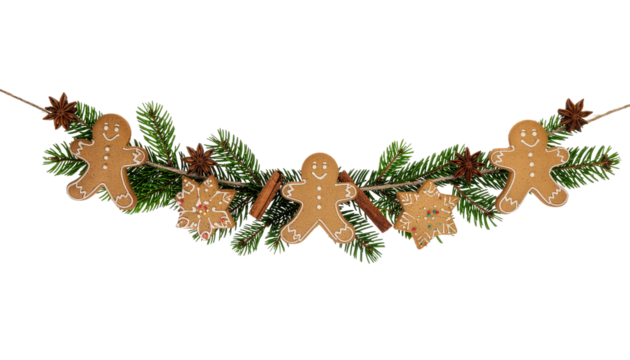 Gingerbread men, star anise, cinnamon sticks, and fir sprigs arranged on a string in a decorative garland, solid white background