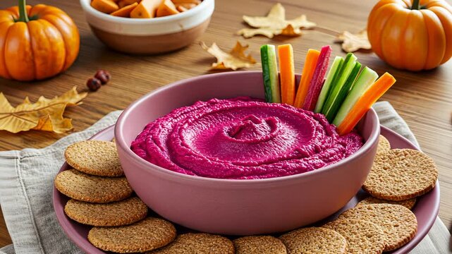 Vibrant beet hummus with crisp veggies and autumn decor for holiday entertaining