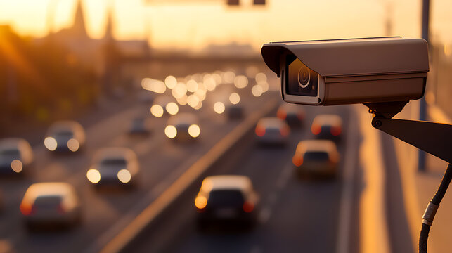 CCTV camera over a busy highway at sunset, enforcing traffic laws. Security camera monitoring the highway traffic for safety and security, with sunset casting a golden glow.