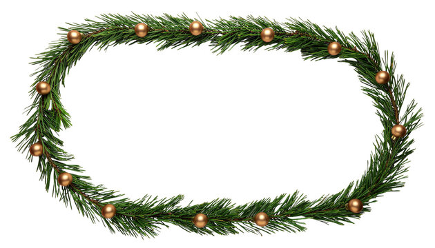 Oval frame of green pine needles decorated with small gold balls, forming a border around a white space, isolated on white