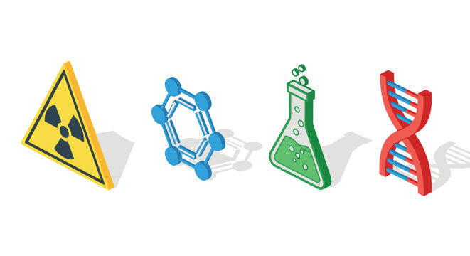 Colorful isometric science icons radioactive sign, molecule, flask, dna helix